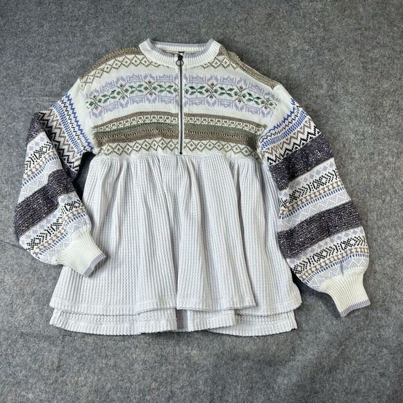Free People Sweater Small Boho Cozy Cottage Metallic Fair Isle Knit Thermal - Picture 1 of 9